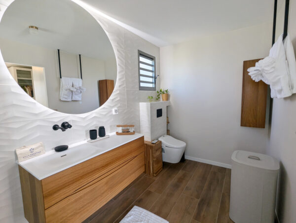 Salle de bain élégante avec douche et accessoires de la villa Nateina Home au Gosier